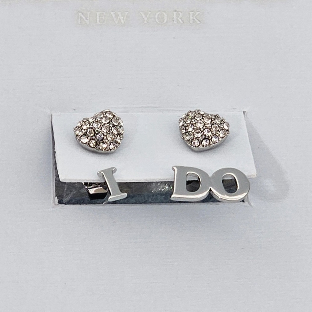 Kleinfeld Earrings Silver Tone 'I DO' Crystal Heart Drop Bridal Wedding Gift New
